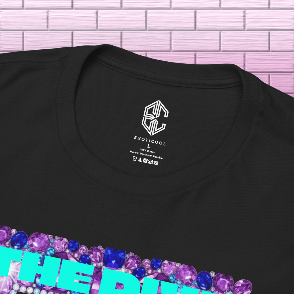 Close-up of the Exoticool printed neck label and collar on the Adrianna Stephens Purple Reign Diva tee