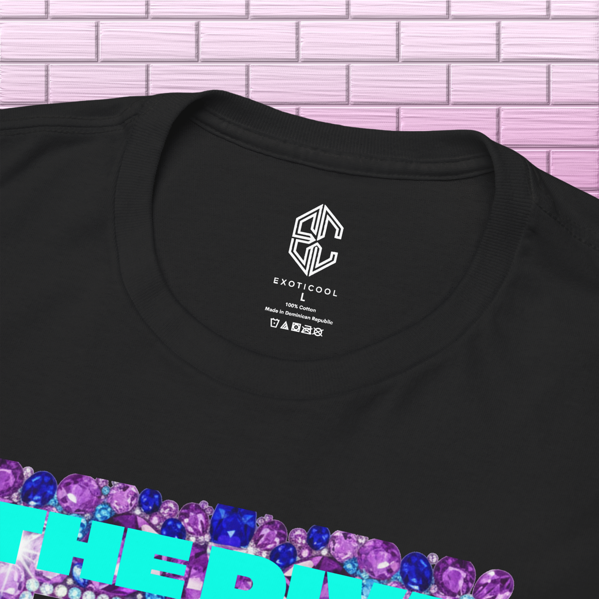 Close-up of the Exoticool printed neck label and collar on the Adrianna Stephens Purple Reign Diva tee
