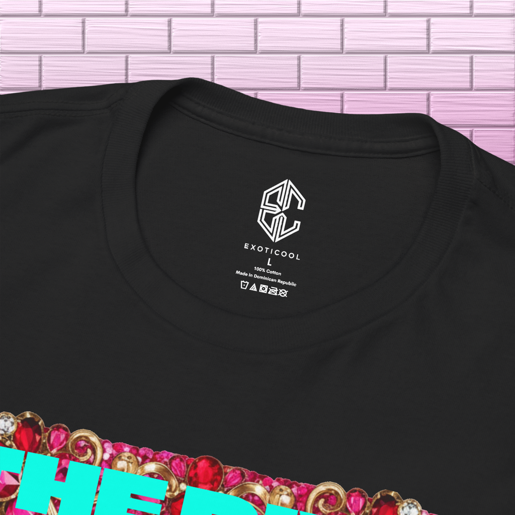 Close-up of the Exoticool printed neck label and collar on the Adrianna Stephens The Diva graphic tee