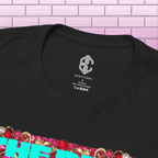 Close-up of the Exoticool printed neck label and collar on the Adrianna Stephens The Diva graphic tee