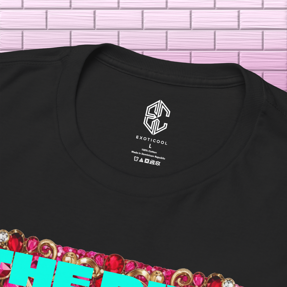 Close-up of the Exoticool printed neck label and collar on the Adrianna Stephens The Diva graphic tee