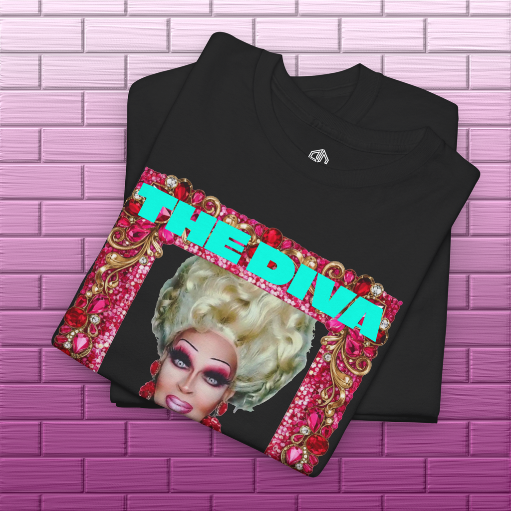 Folded black Adrianna Stephens The Diva tee showing the portrait artwork and Exoticool neck label