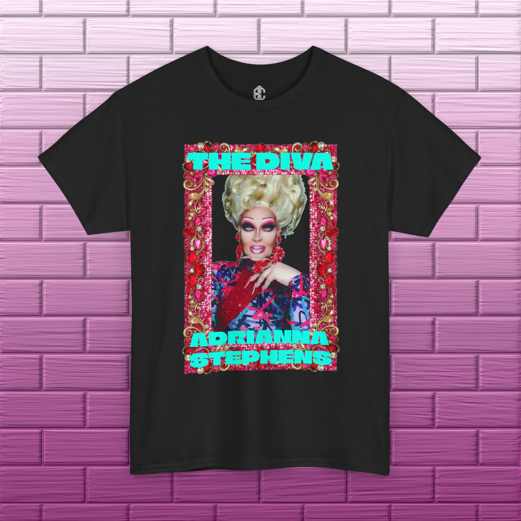 Front view of black Adrianna Stephens The Diva graphic tee with colorful red portrait artwork