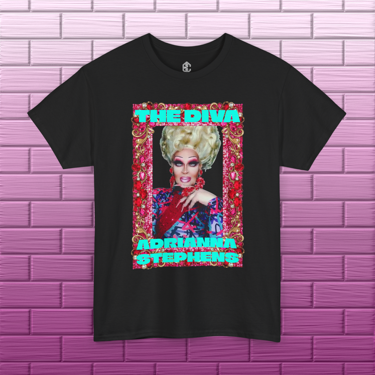 Front view of black Adrianna Stephens The Diva graphic tee with colorful red portrait artwork