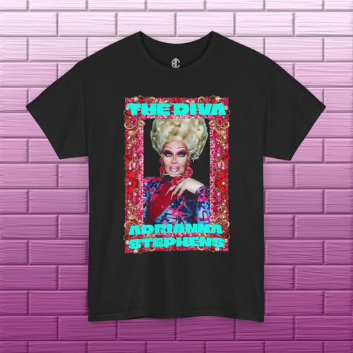 Front view of black Adrianna Stephens The Diva graphic tee with colorful red portrait artwork