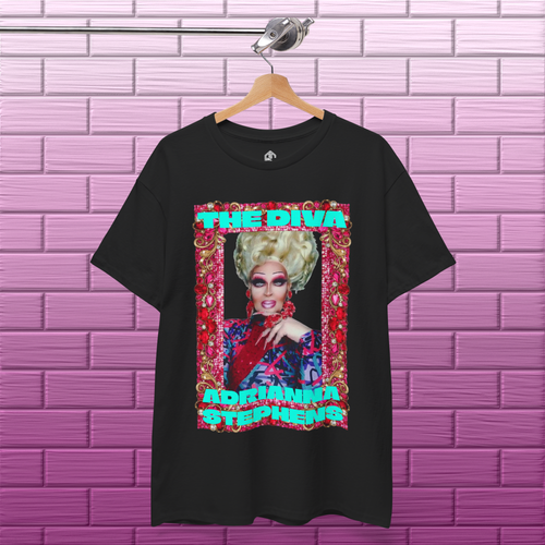 Black Adrianna Stephens The Diva graphic T-shirt hanging against a textured concrete background