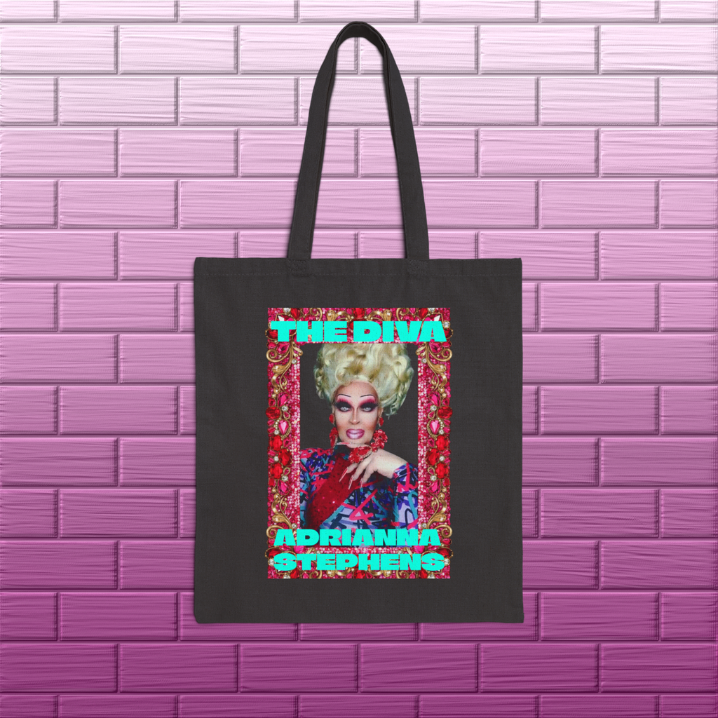 Front of the Adrianna Stephens The Diva tote bag featuring colorful custom portrait artwork
