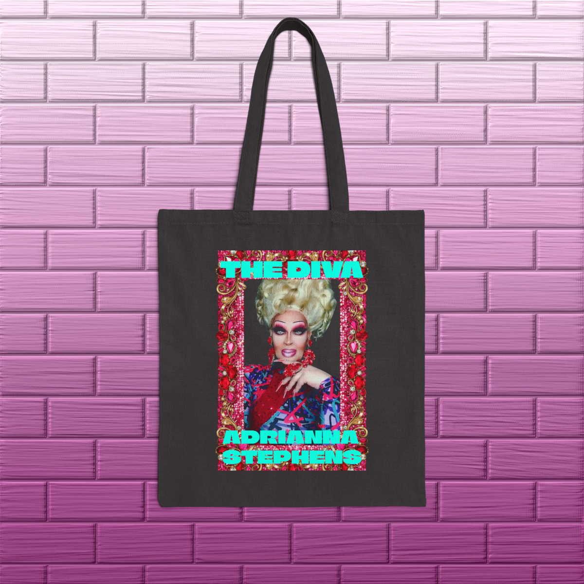 Front of the Adrianna Stephens The Diva tote bag featuring colorful custom portrait artwork