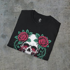 Folded black System Glitch graphic tee showing the bleeding-eye skull artwork and Exoticool neck label