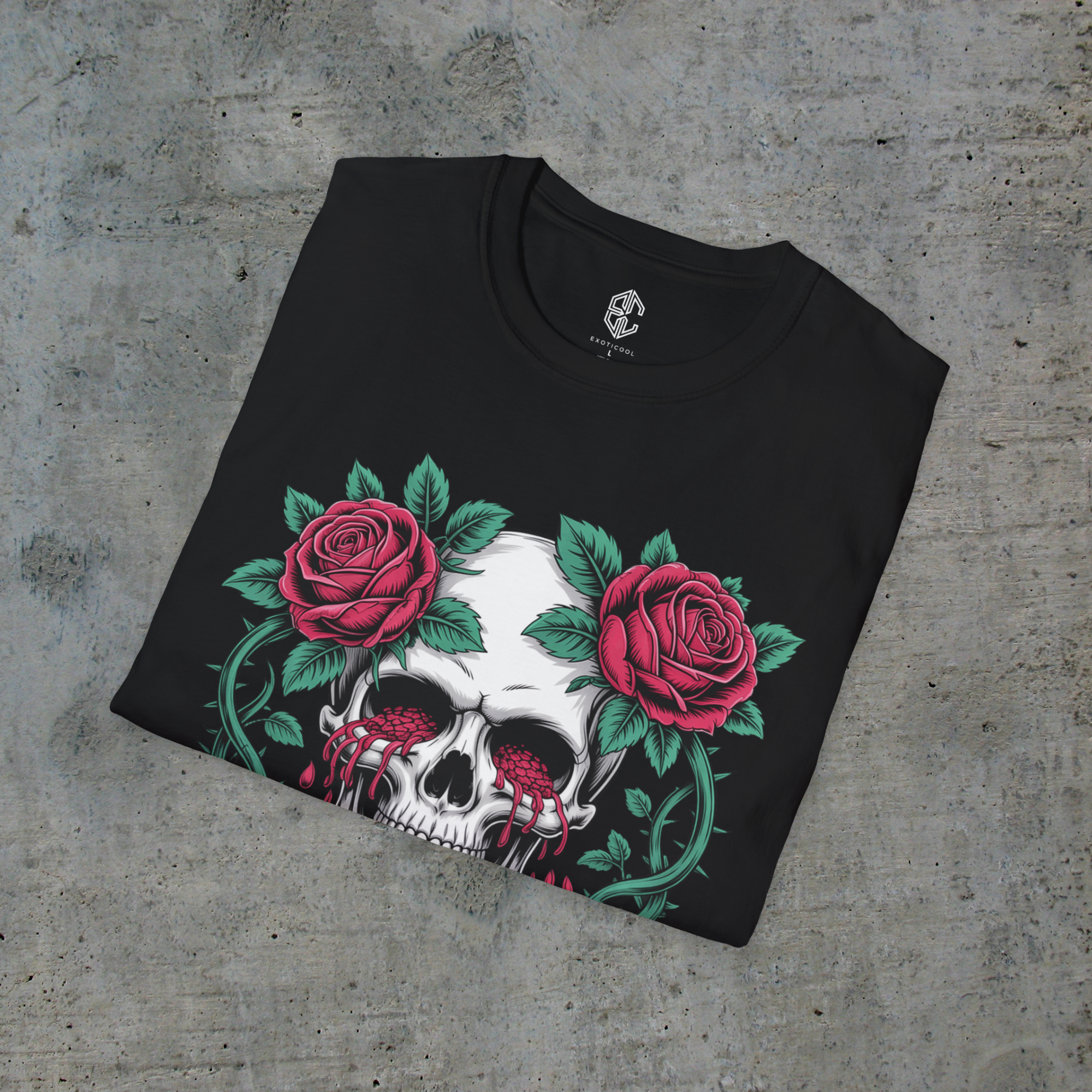 Folded black System Glitch graphic tee showing the bleeding-eye skull artwork and Exoticool neck label