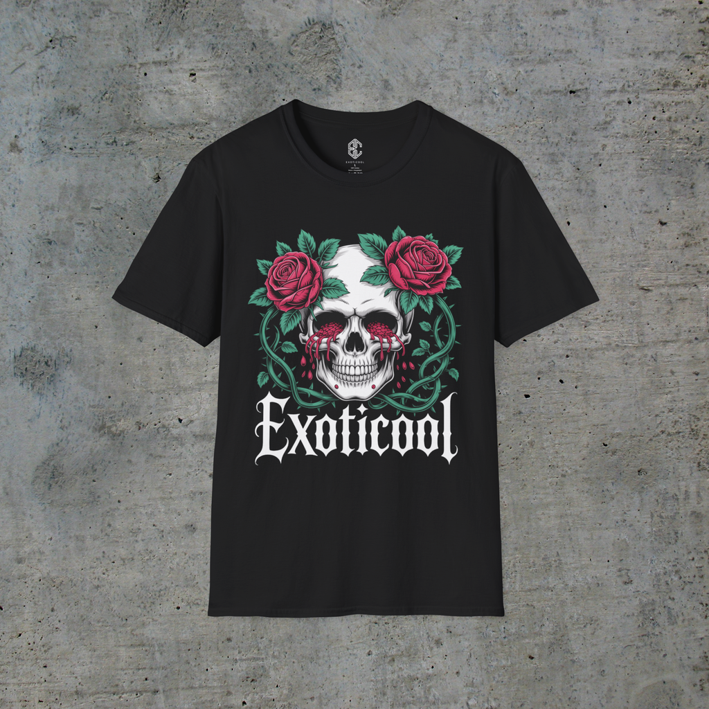 Front view of black System Glitch cyberpunk graphic tee with a bleeding-eye skull and roses artwork