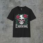 Front view of black System Glitch cyberpunk graphic tee with a bleeding-eye skull and roses artwork