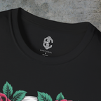 Close-up of the Exoticool printed neck label and collar on the black cyberpunk graphic tee