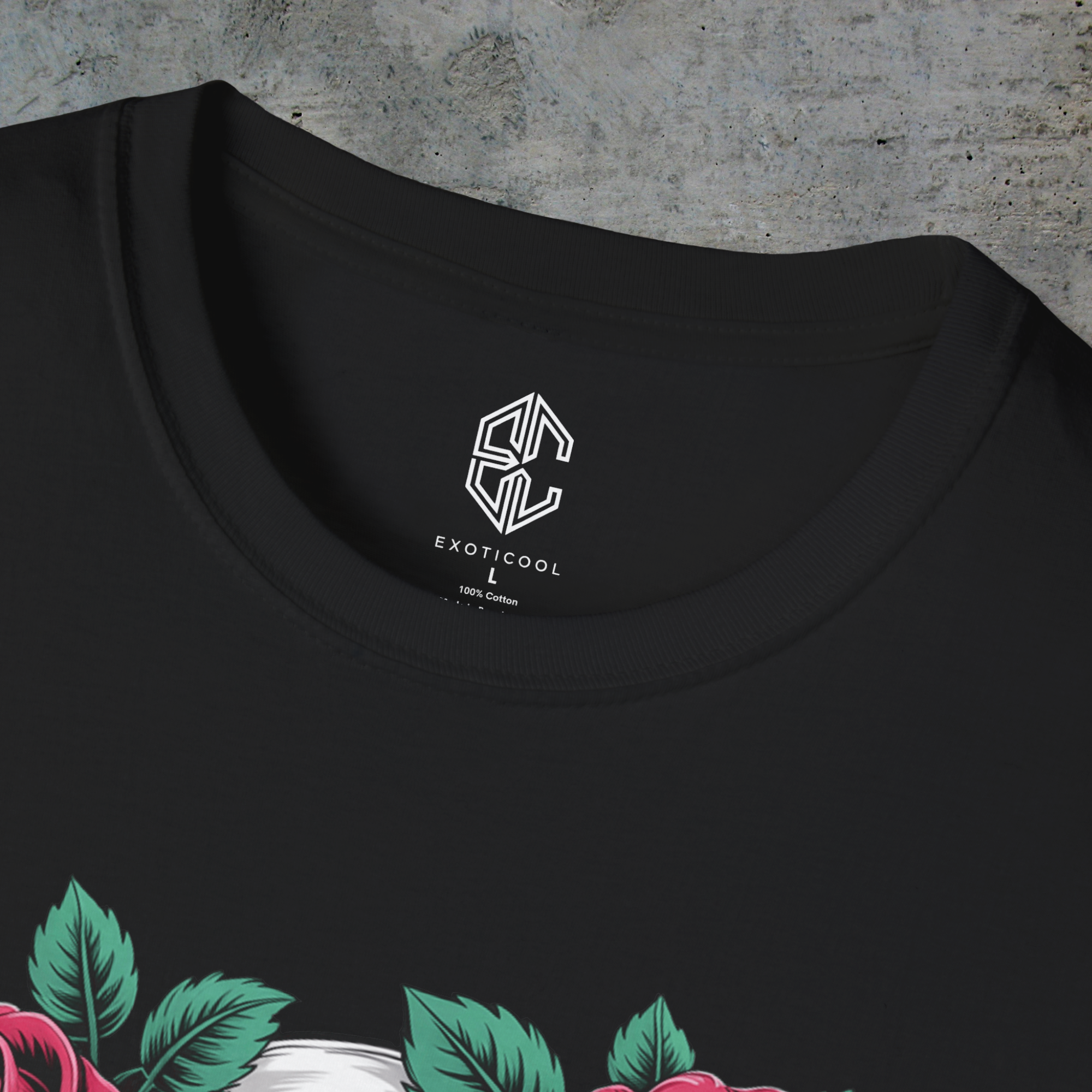 Close-up of the Exoticool printed neck label and collar on the black cyberpunk graphic tee