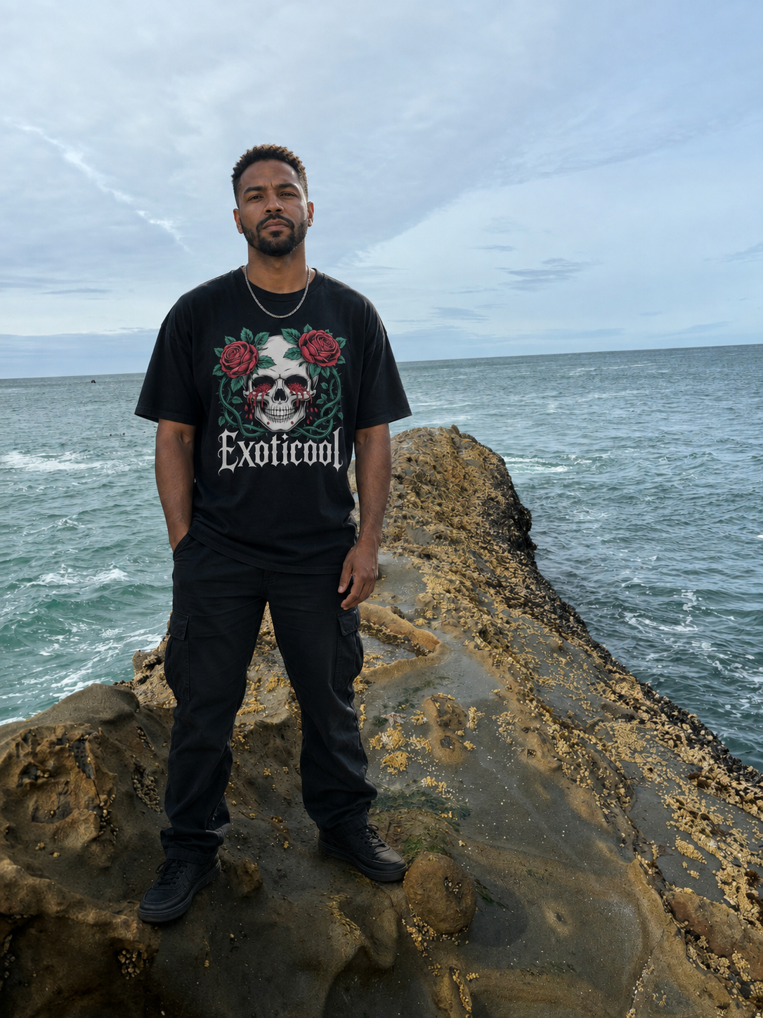 Model wearing Exoticool alien streetwear on the Oregon coast
