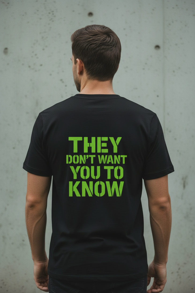 Back view of male model wearing black Exoticool Alien Signal Tee with large green stencil “They Don’t Want You To Know” lettering in an urban setting