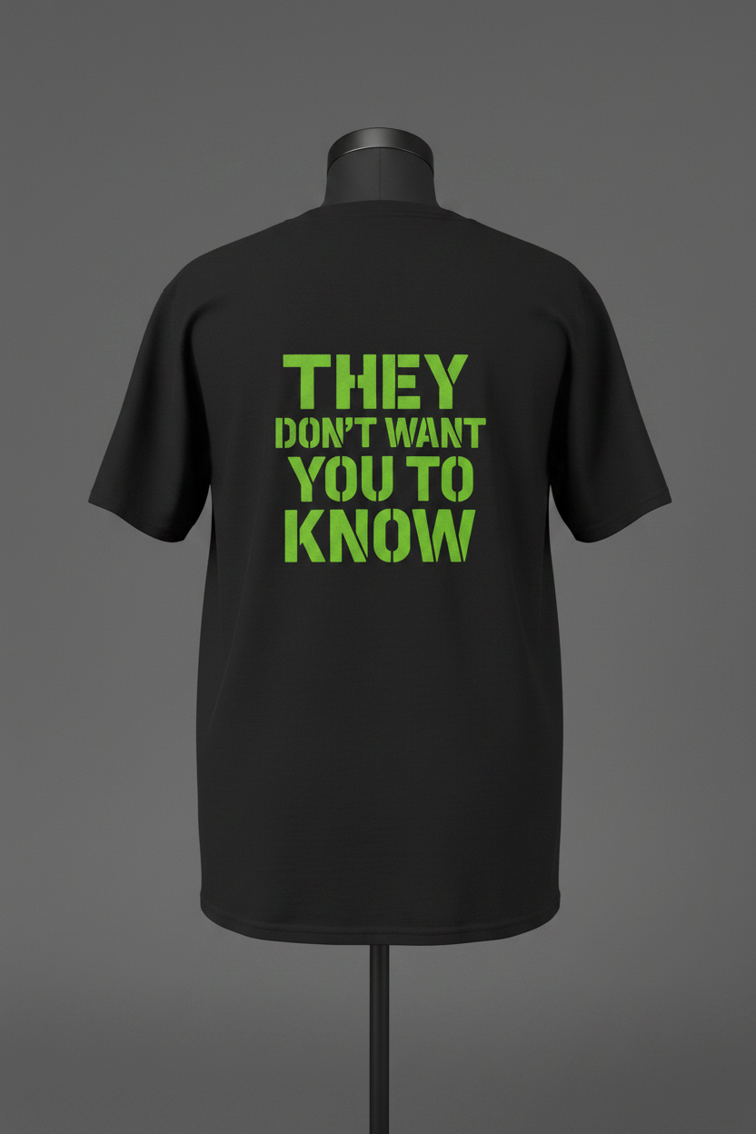 Back of black Exoticool Alien Signal Tee featuring green “They Don’t Want You To Know” graphic