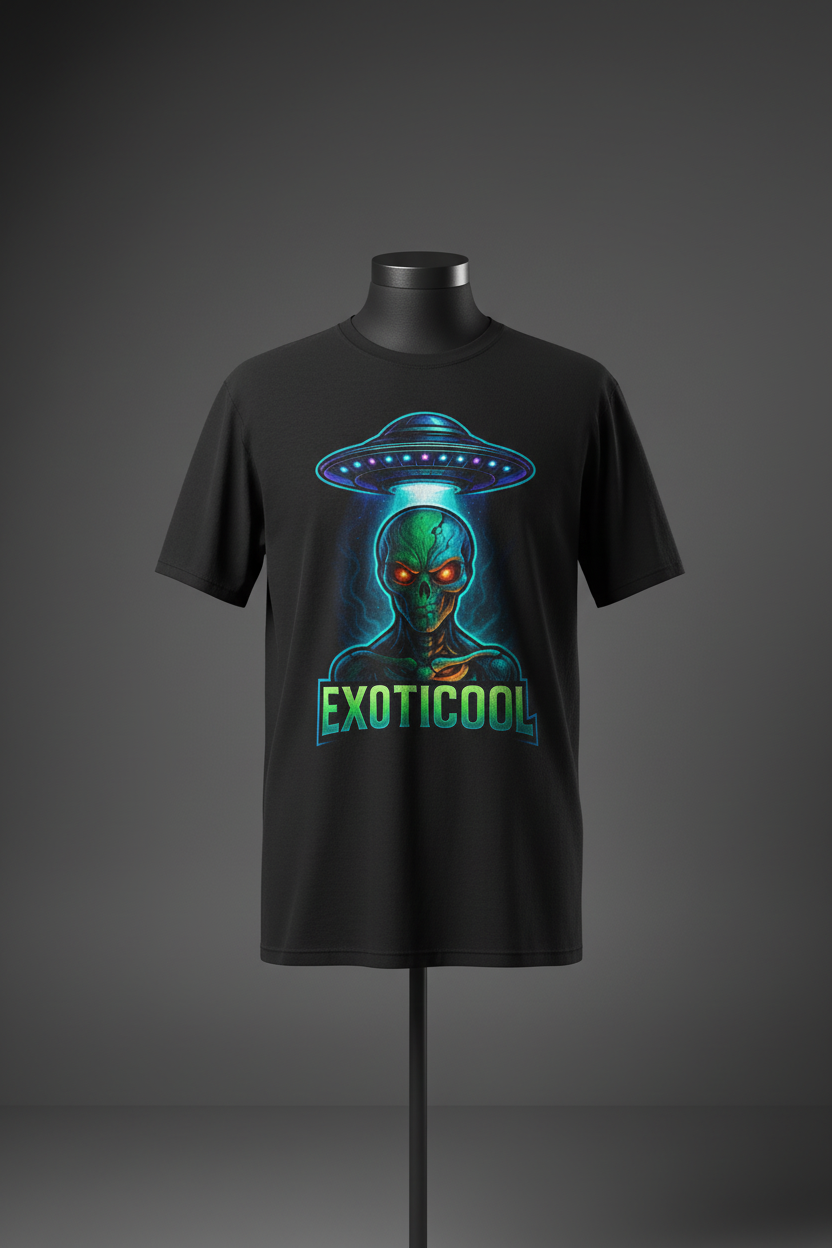 Black Exoticool Alien Signal Tee with neon UFO and alien graphic on front, displayed on black mannequin
