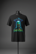 Black Exoticool Alien Signal Tee with neon UFO and alien graphic on front, displayed on black mannequin
