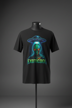 Black Exoticool Alien Signal Tee with neon UFO and alien graphic on front, displayed on black mannequin
