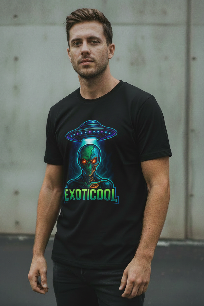Male model wearing black Exoticool Alien Signal Tee with neon UFO, alien graphic and “They Don’t Want You To Know” design in an urban setting