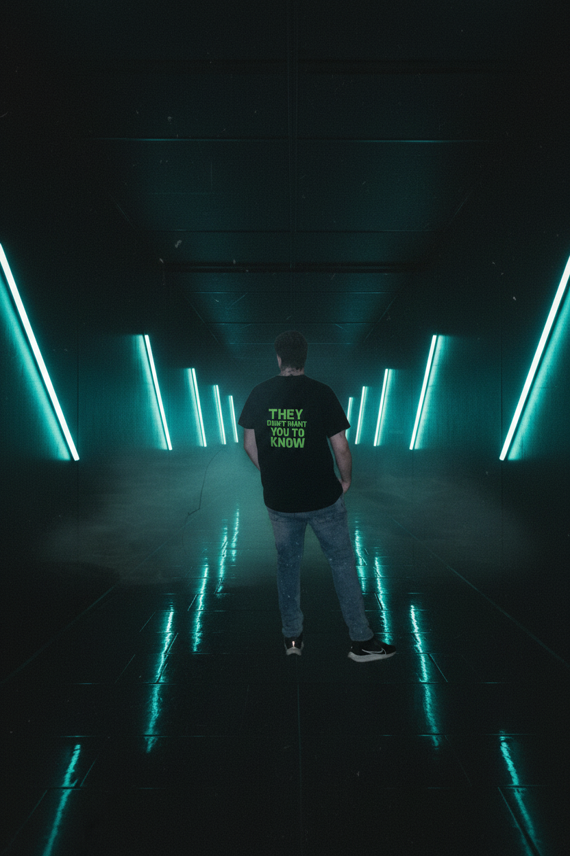Back-facing cyberpunk corridor shot