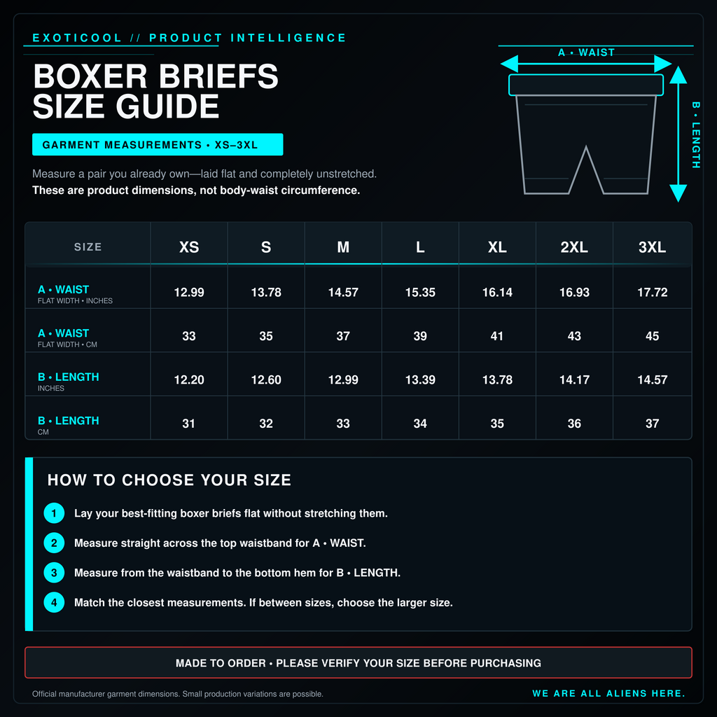 Exoticool Alien Abduction boxer briefs size chart with US sizes XS through 3XL.
