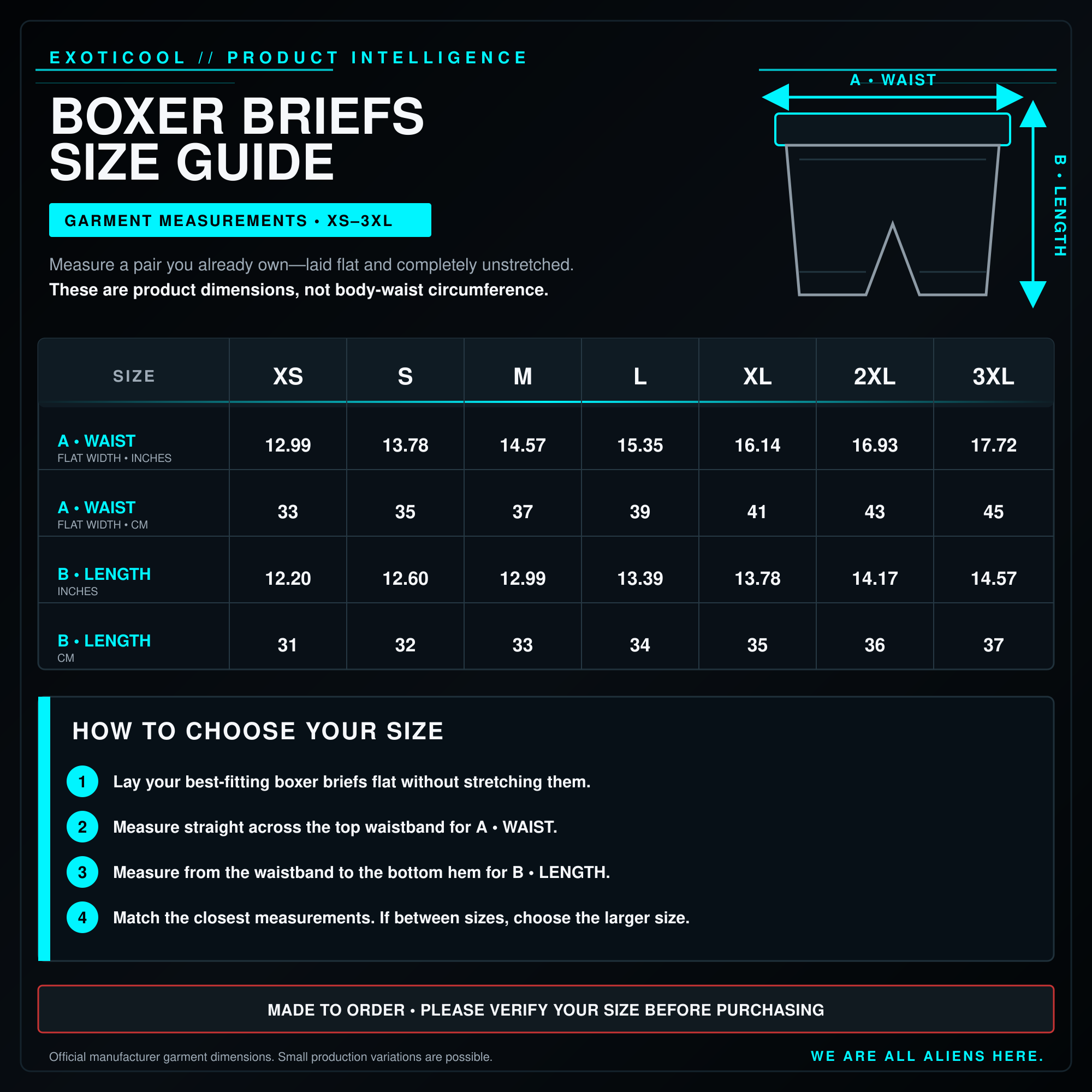 Exoticool Alien Abduction boxer briefs size chart with US sizes XS through 3XL.