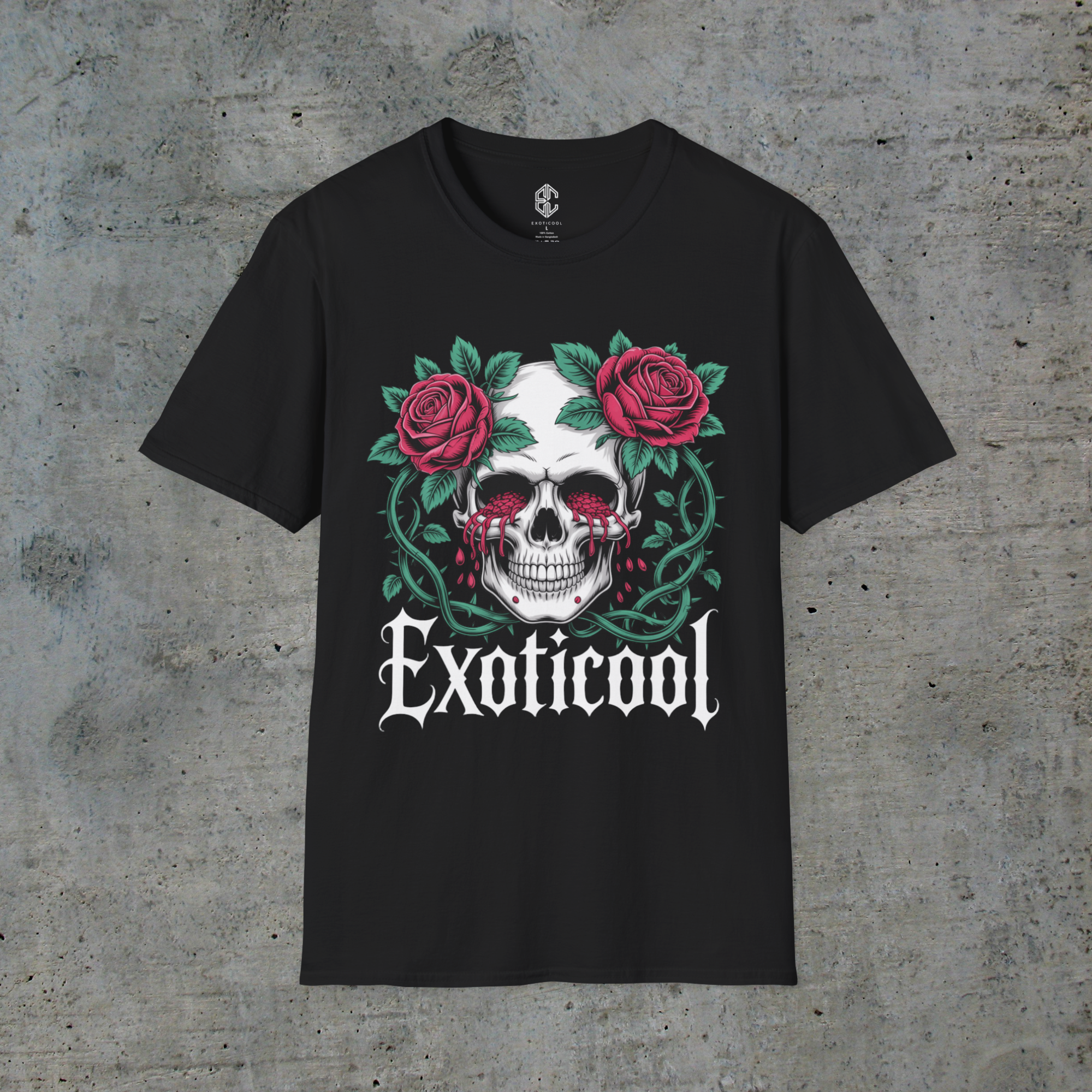 Front view of black System Glitch cyberpunk graphic tee with a bleeding-eye skull and roses artwork