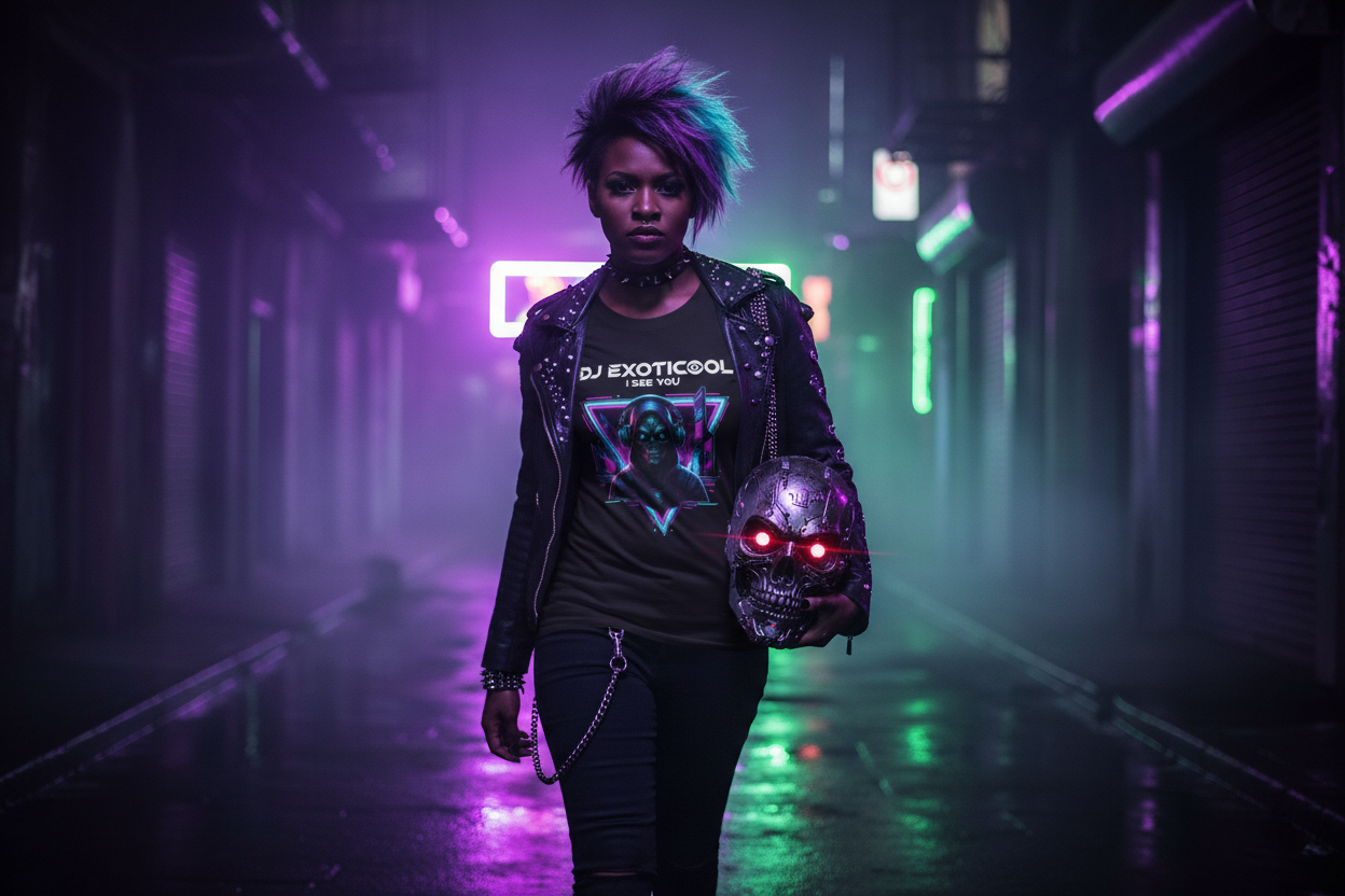 black cyberpunk graphic tee dark aesthetic streetwear neon city
