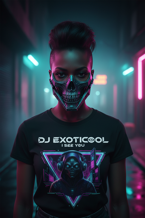 DJ ExoticCool I See You retro cyberpunk streetwear tee - Black punk rocker wearing skull mask with neon lighting