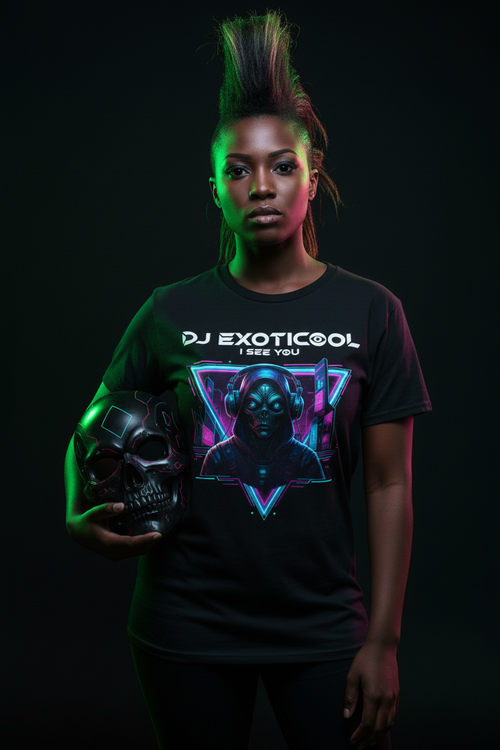 DJ ExoticCool I See You electronic music tee - Black punk rocker holding cyberpunk mask editorial fashion shot