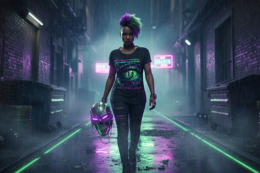 -DJ Exoticool Love Is Love tee full body shot — Black woman with purple-green mohawk walking rain-soaked neon alley holding cyberpunk helmet — rebellion clothing limited drop Exoticool-