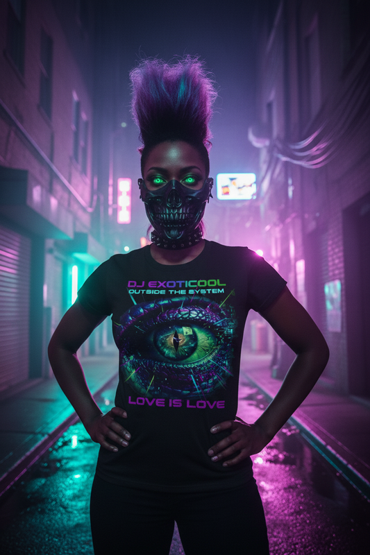 -DJ Exoticool Outside The System Love Is Love graphic tee — Black woman with purple mohawk and glowing green eyes in cyberpunk skull mask — futuristic pride streetwear Exoticool-