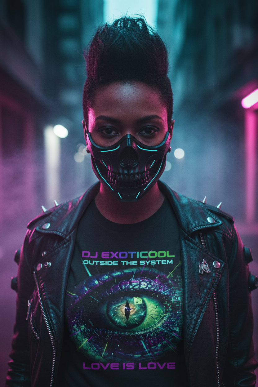 -DJ Exoticool Outside The System Love Is Love graphic tee — Black woman with purple mohawk and glowing green eyes in cyberpunk skull mask — futuristic pride streetwear Exoticool-