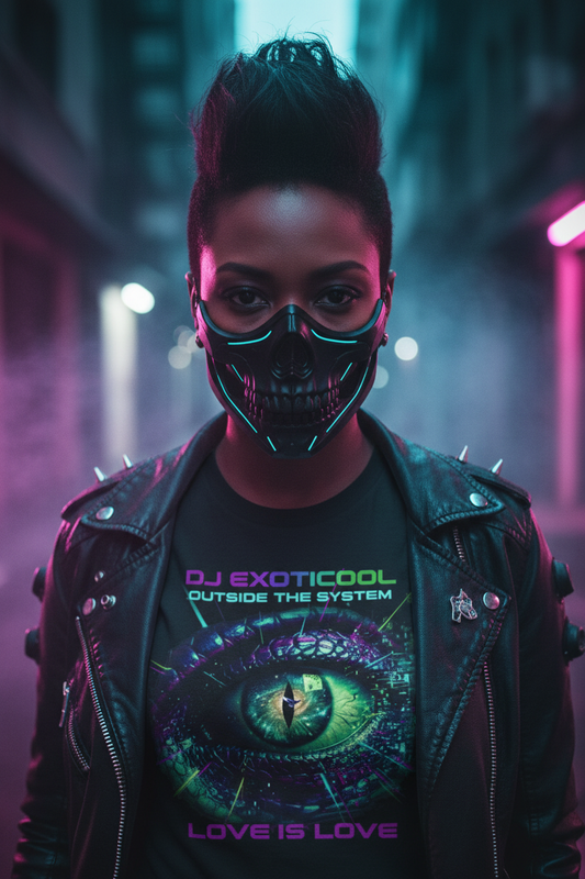 -DJ Exoticool Outside The System Love Is Love graphic tee — Black woman with purple mohawk and glowing green eyes in cyberpunk skull mask — futuristic pride streetwear Exoticool-