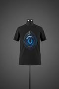 Front view of black Exoticool Earth Has No Borders Alien Eye Graphic Tee on mannequin featuring a large electric-cyan alien eye with Earth reflected in the iris