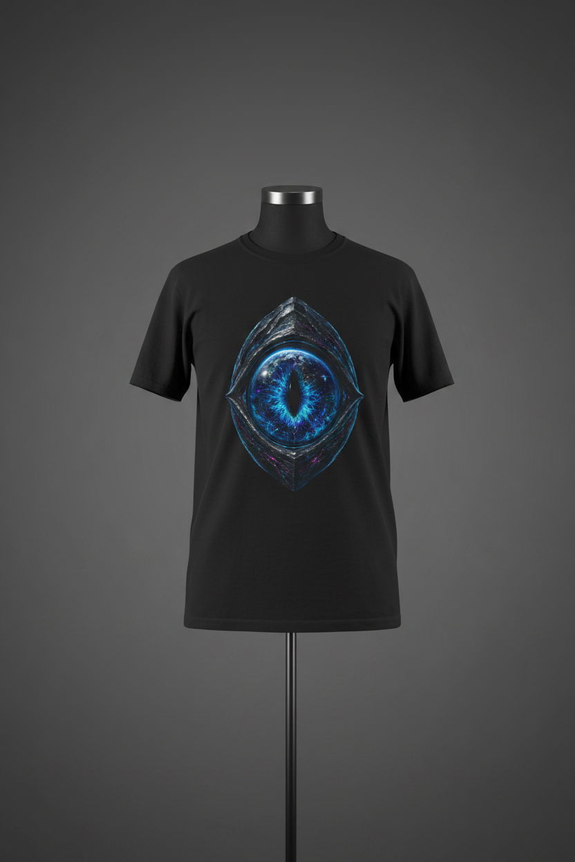 Front view of black Exoticool Earth Has No Borders Alien Eye Graphic Tee on mannequin featuring a large electric-cyan alien eye with Earth reflected in the iris