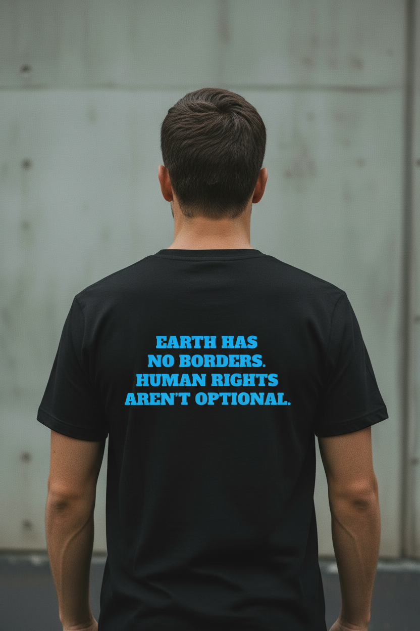Back view of male model wearing black Exoticool Earth Has No Borders Tee featuring “Earth Has No Borders. Human Rights Aren’t Optional.” statement graphic in an urban setting