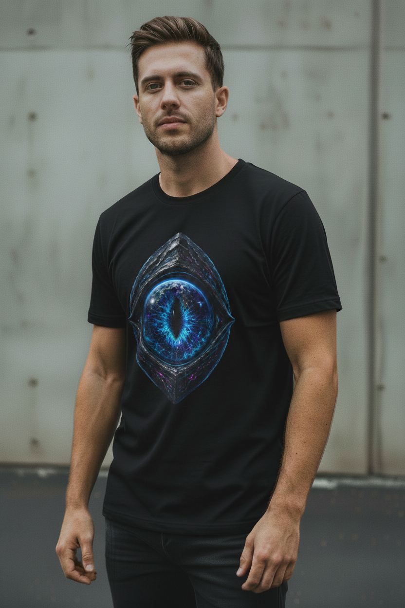 Male model wearing black Exoticool Earth Has No Borders Alien Eye Graphic Tee with electric-cyan alien eye and Earth reflection in an urban setting