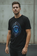 Male model wearing black Exoticool Earth Has No Borders Alien Eye Graphic Tee with electric-cyan alien eye and Earth reflection in an urban setting