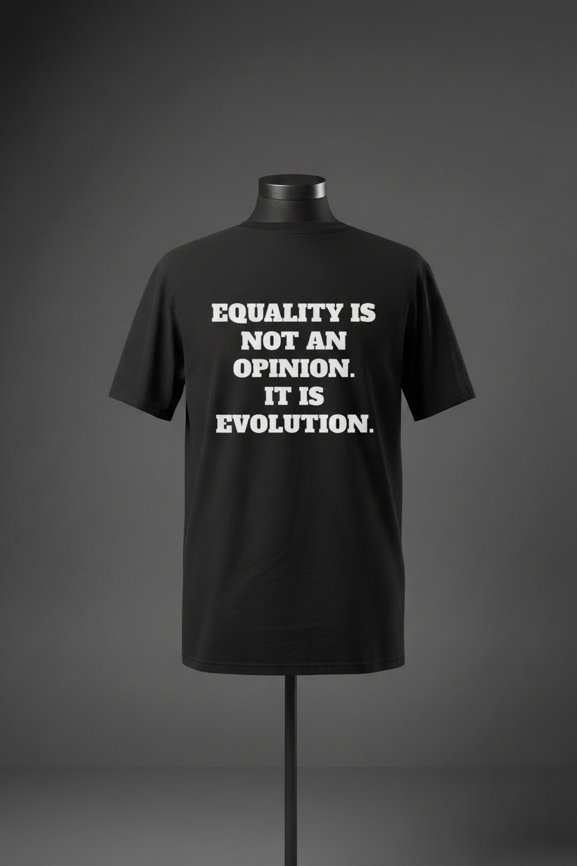 Back view of black Exoticool Equality for Everyone T-shirt on mannequin with “Equality Is Not an Opinion, It’s Evolution” statement