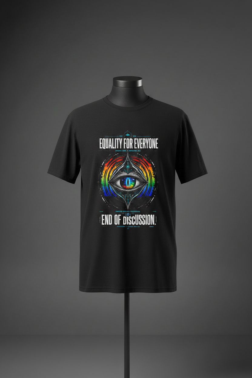 Front view of black Exoticool Equality for Everyone graphic T-shirt on mannequin featuring colorful equality artwork