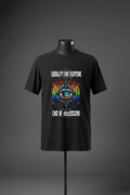Front view of black Exoticool Equality for Everyone graphic T-shirt on mannequin featuring colorful equality artwork