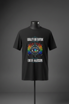 Front view of black Exoticool Equality for Everyone graphic T-shirt on mannequin featuring colorful equality artwork