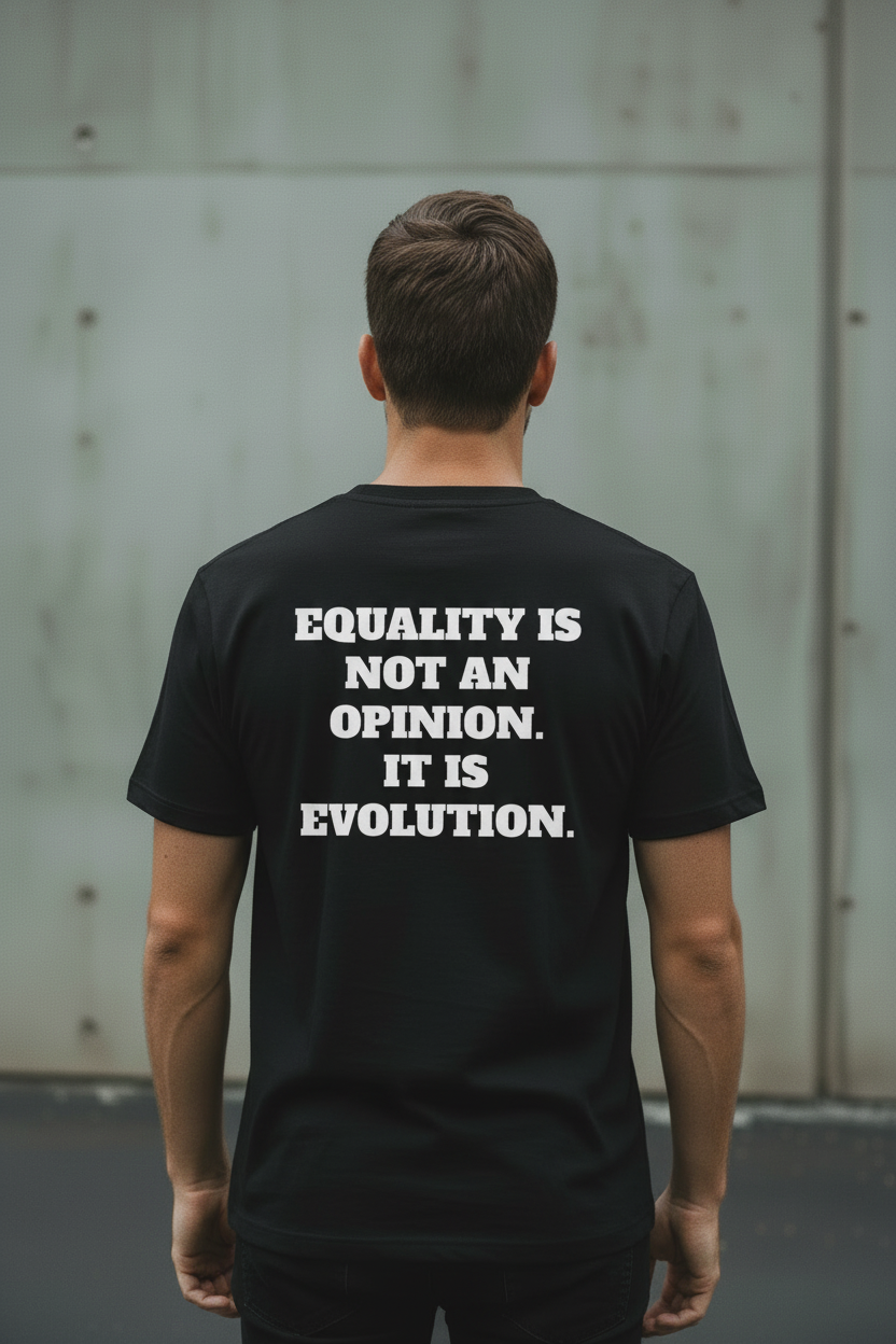 Back view of male model wearing black Exoticool Equality for Everyone T-shirt with “Equality Is Not an Opinion, It’s Evolution” statement in an urban setting