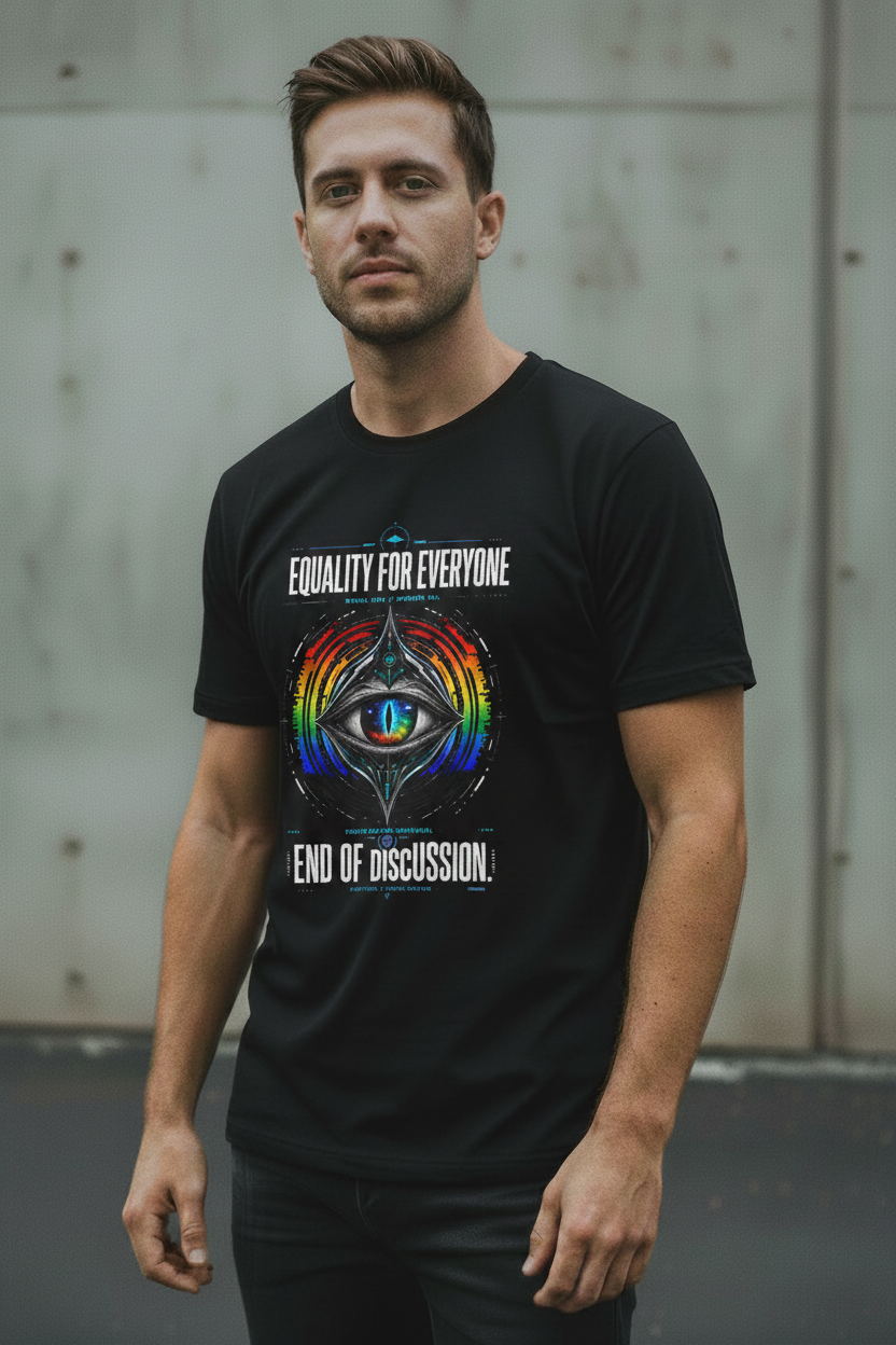 Male model wearing black Exoticool Equality for Everyone graphic T-shirt with colorful equality artwork in an urban setting