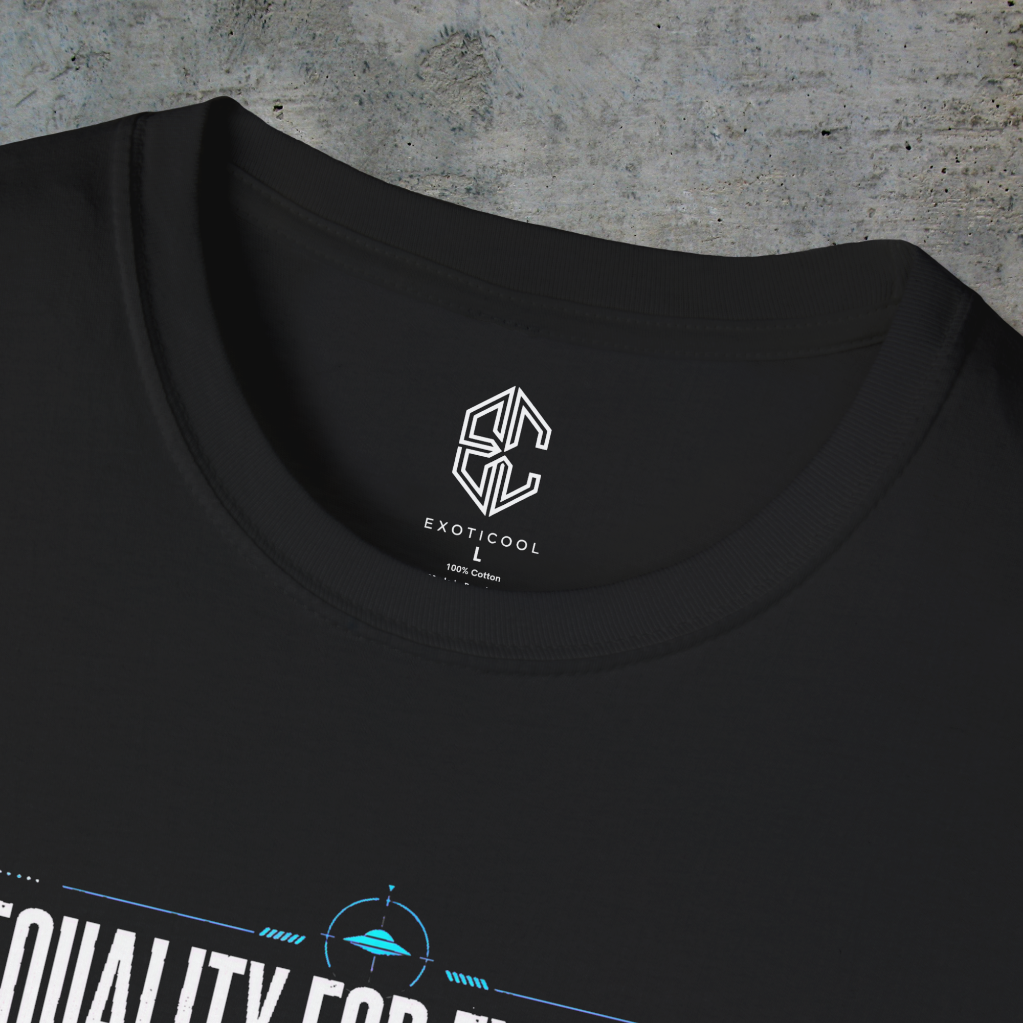 Close-up of the Exoticool printed neck label and collar on the black tee equality graphic T-shirt