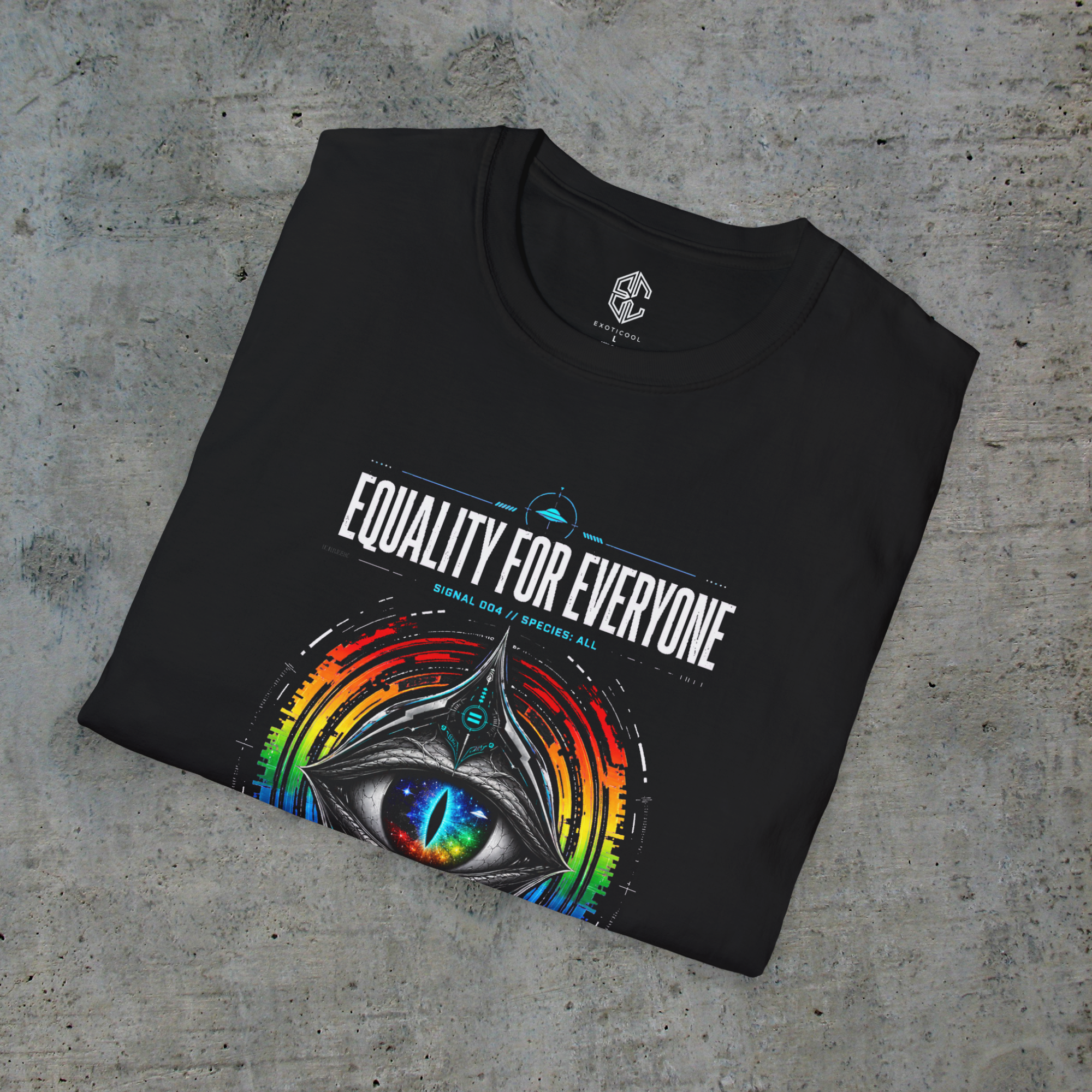 Folded black Equality for Everyone tee showing the alien pride artwork and Exoticool neck label