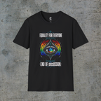 Front view of black shirt saying Equality for Everyone graphic T-shirt with colorful alien pride artwork